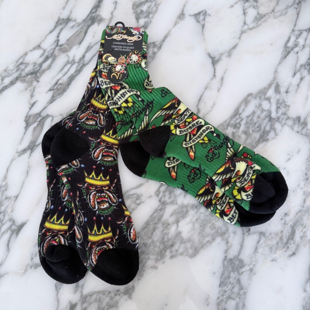 Ed Hardy 2 Pack Cushioned Crew Socks Death Before Dishonor Bulldog Tattoo Art